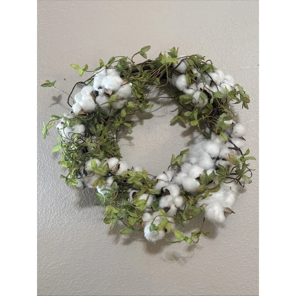 New Shabby Primitive Southern Farmhouse WHITE COTTON BOLL Green Leaves Wreath